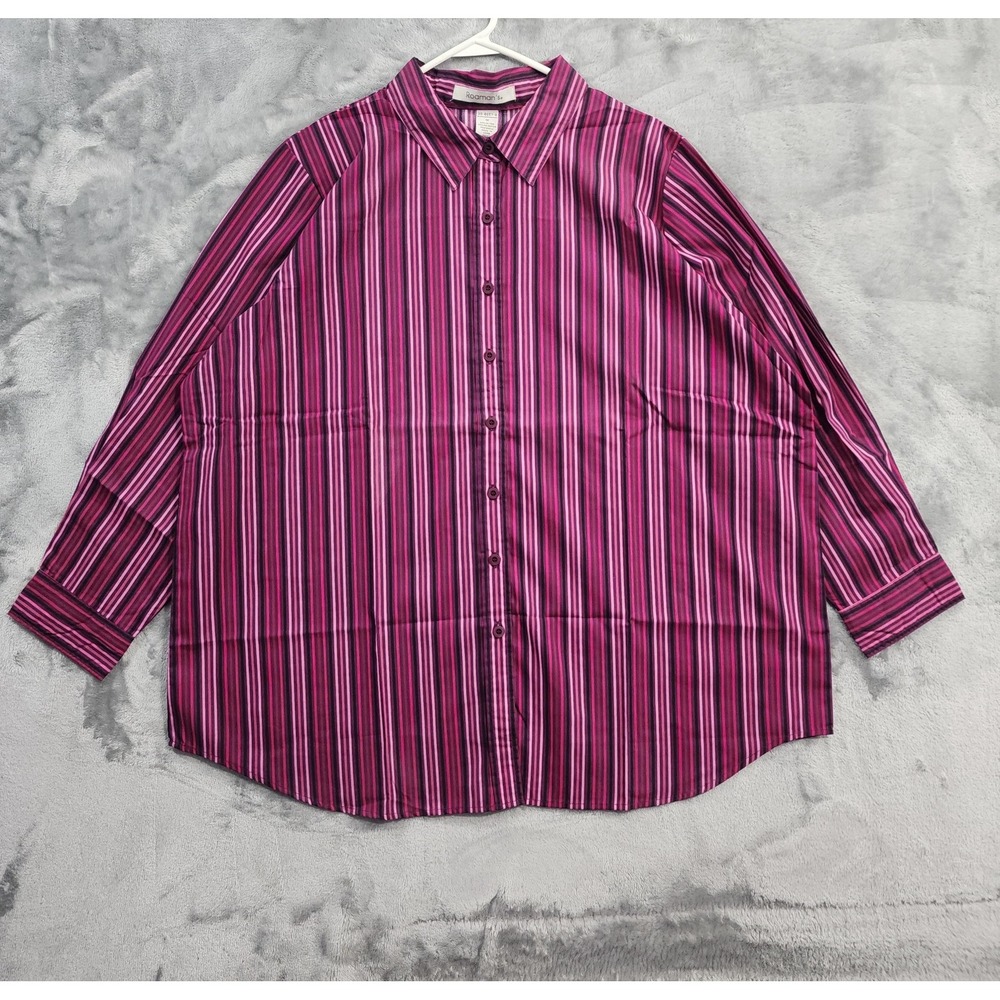 Roaman's Top Womens 1X Pink Striped Button Up Long Sleeve Cotton Blend‎ Office